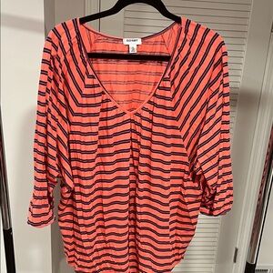 Old Navy Coral and Navy Striped V-Neck Blouse